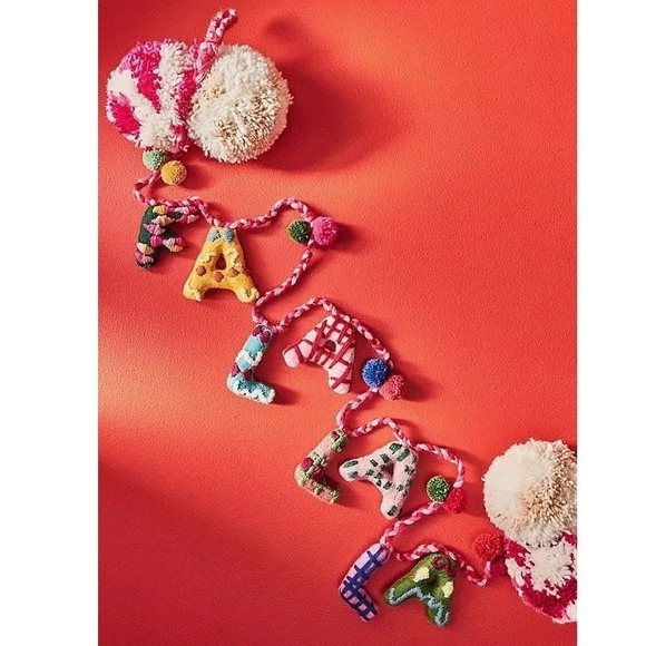 Anthropologie Holly Garland Stocking Pom Pom Christmas Holiday Decor New - Picture 3 of 12